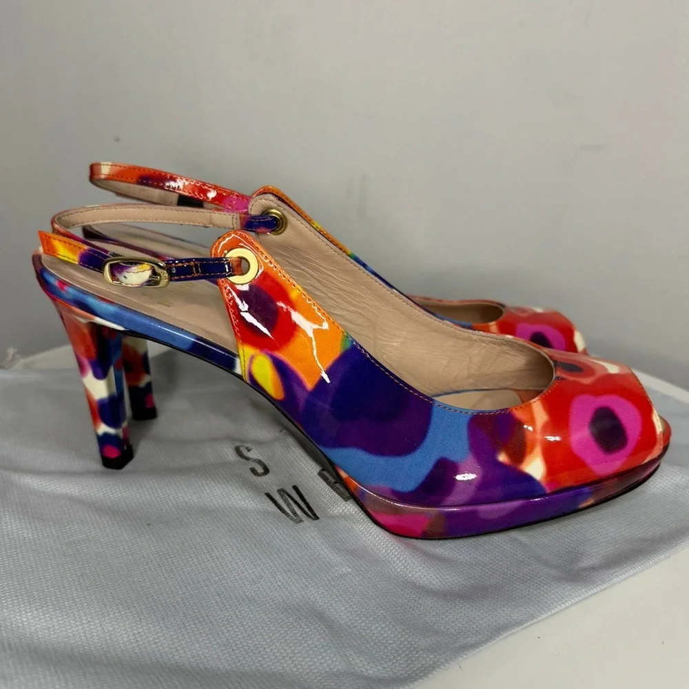 Stuart Weitzman Rinky Mod Patent Print Slingback Heels - Size 9.5M - Picture 4 of 10